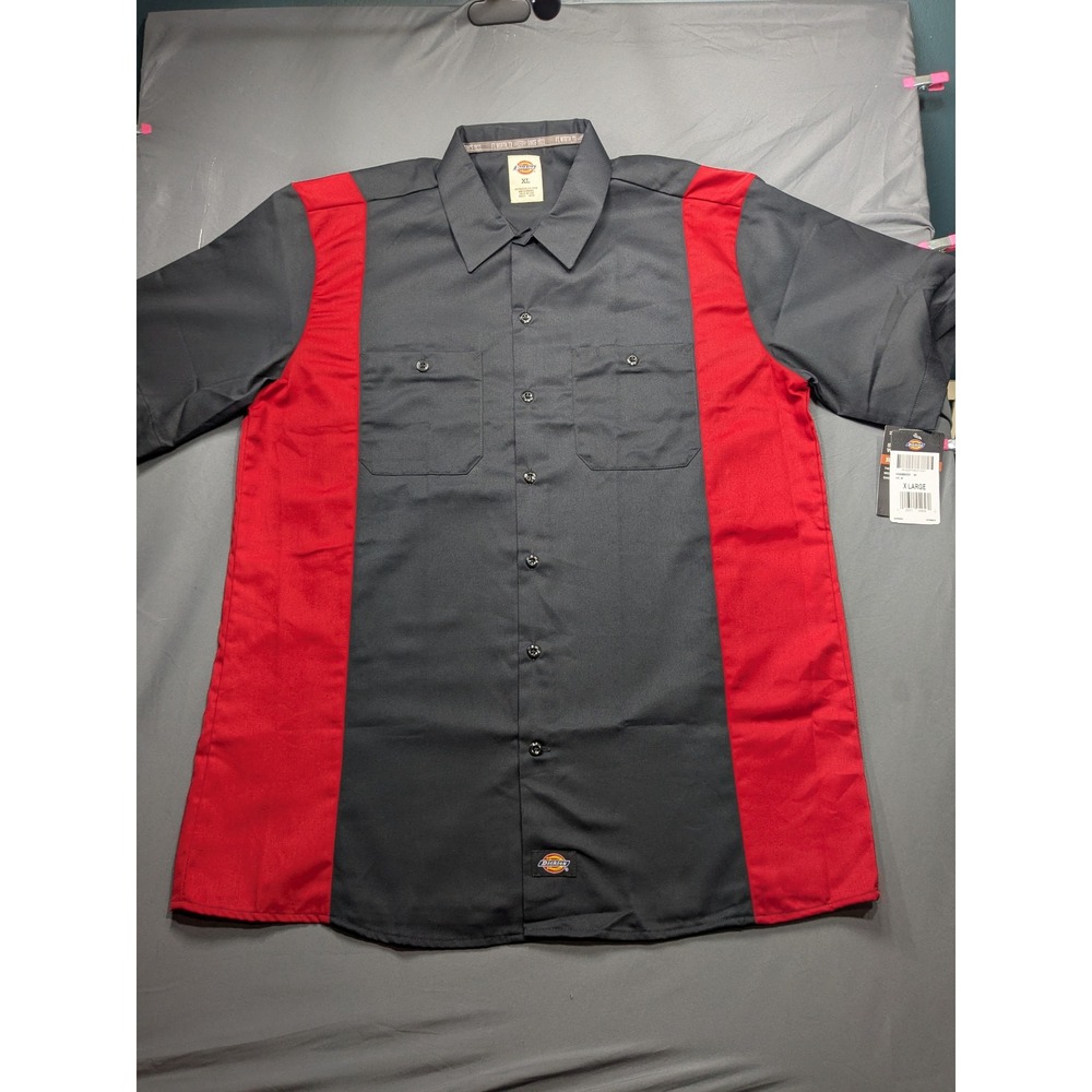 Dickies Mens XL Two Tone Work Shirt Black Red Short Sleeve Button Up WS608BKER
